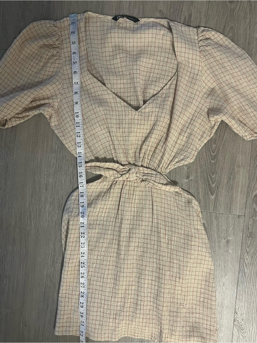 Zara Cream Check High-Low Puff Sleeve Backless Cut Out Dress - Picture 7 of 8